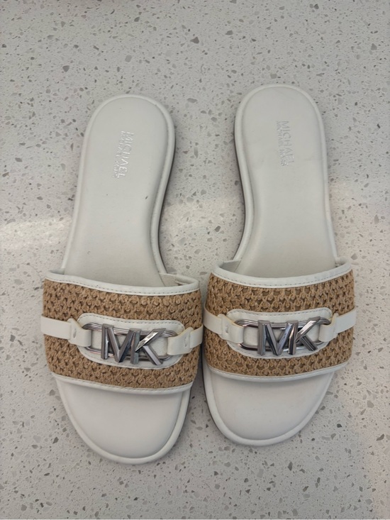 Michael Kors Shoes - Michael Kors White and Natural Woven MK-Logo Slide Sandals